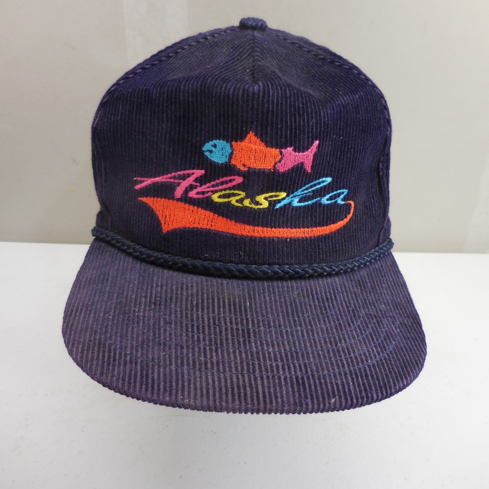 Vintage Ace Alaska Salmon Corduroy Snapback Hat Navy Blue Fish Rope Trucker OSFM